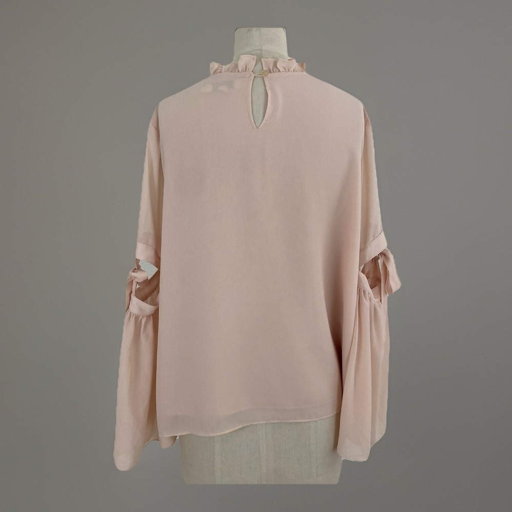 Vintage ARYEH Top Pink Ruffle Blouse Cut-Out Tie Sleeves High Neck Boho Romantic - Picture 3 of 13